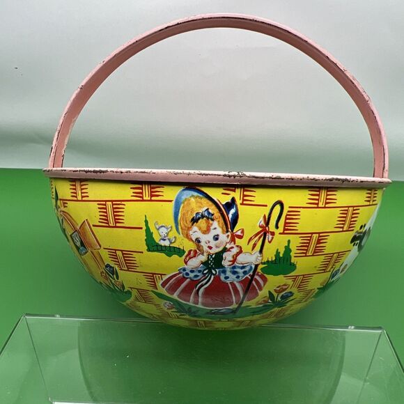 Vintage J Chein Easter Tin Toy Basket Storybook Characters Made in USA 1950s - Picture 2 of 8
